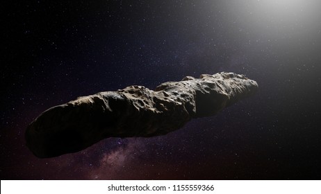 Oumuamua Comet, Interstellar Object Passing Through The Solar System, Unusual Shaped Asteroid (3d Space Render)