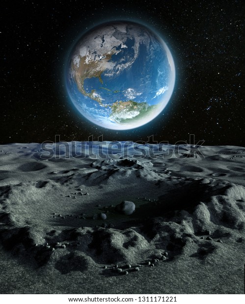 Our blue planet Earth as she\
appears from a crater on the moon\'s surface, 3d render\
painting