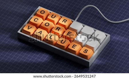 Our core values symbol. Concept words Our core values on Computer keyboard keys.Business and Our core values concept. Copy space.3D rendering on blue background.