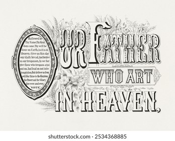 Our father who art in heaven typography by Currier and Ives. Vintage typography art drawing illustration, calligraphy and typography art print. Typography vintage drawing illustration