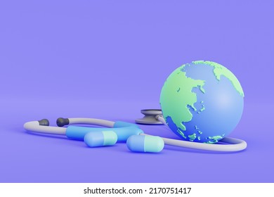 Our Planet, Our Health. World Health Day. World Health Day With Doctor Stethoscope. 3D  Illustration