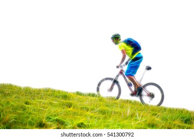 Outdoor Activities. Landscape With Man Mountain Biking Uphill Illustration