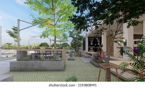 Outdoor Bar Coffee Shop Furniture Architectural Design With Banner And Menu Mockup 3d Illustration