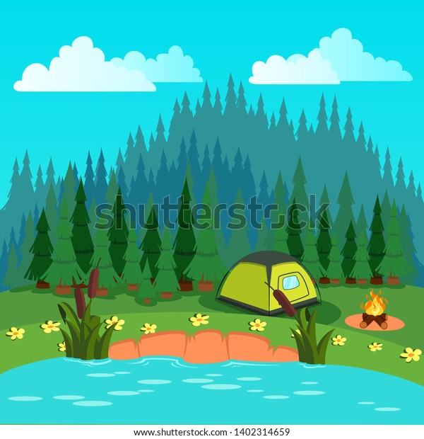 Outdoor Cartoon Illustration Cartoon Camping Beautiful Stock ...