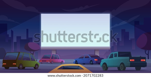 Outdoor cinema. Drive public cinema\
people watching movie from self cars cartoon\
landscape