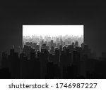 Outdoor city cinema. Background for advertising a movie theater without people. Silhouettes of houses in a black and white city on a bright background. An abandoned city without people