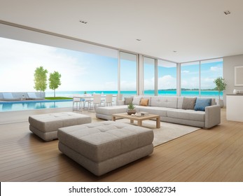 Outdoor dining and sea view living room of luxury beach house with terrace near swimming pool in modern design. Vacation home or holiday villa for big family. Interior 3d illustration.