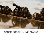 An outdoor display featuring aged cannons and stacks of iron cannonballs, artistically arrayed on a reflective surface against a backdrop of a cloud-filled sky.