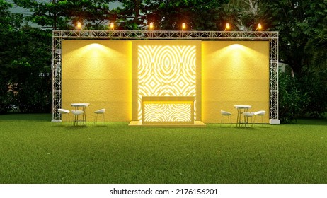 Outdoor Event Area, Lawn Event Stage, Corporate Stage, Mockup, 3d Rendering. 3d Illustration.