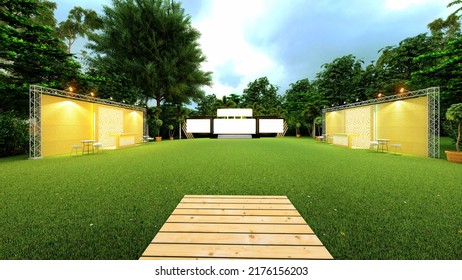 Outdoor Event Area, Lawn Event Stage, Corporate Stage, Mockup, 3d Rendering. 3d Illustration.