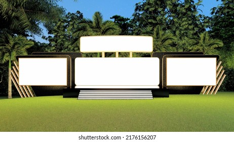 Outdoor Event Area, Lawn Event Stage, Corporate Stage, Mockup, 3d Rendering. 3d Illustration.