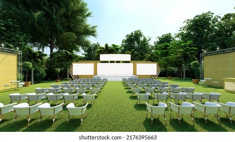 Outdoor Event Area, Lawn Event Stage, Corporate Stage, Mockup, 3d Rendering. 3d Illustration.