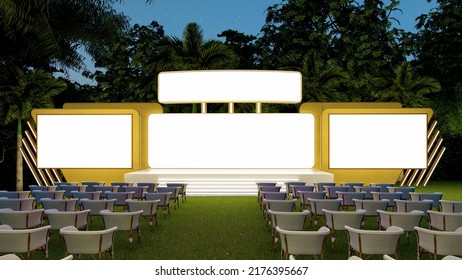 Outdoor Event Area, Lawn Event Stage, Corporate Stage, Mockup, 3d Rendering. 3d Illustration.