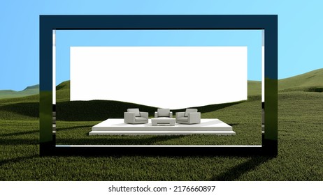 Outdoor Event, Mockup, Green Event, Organic Conference Set, Lounge Sitting, Session Mockup, One On One, Event Setup, Sofa On Grass, 3d Rendering. 3d Illustration.