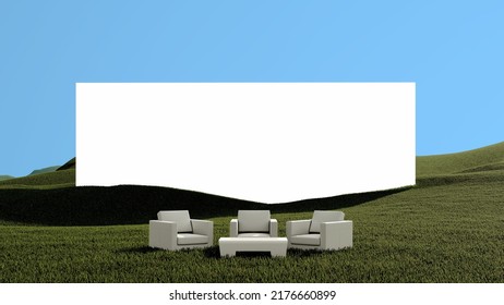 Outdoor Event, Mockup, Green Event, Organic Conference Set, Lounge Sitting, Session Mockup, One On One, Event Setup, Sofa On Grass, 3d Rendering. 3d Illustration.