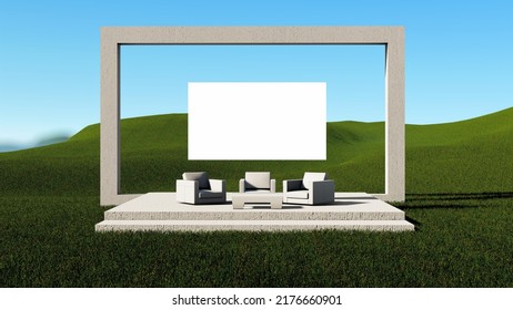 Outdoor Event, Mockup, Green Event, Organic Conference Set, Lounge Sitting, Session Mockup, One On One, Event Setup, Sofa On Grass, 3d Rendering. 3d Illustration.