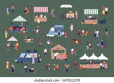 Outdoor fair, market or street food festival. Men and women walking between stalls, kiosks and vans, buying products, talking to each other. Colorful illustration in flat cartoon style - Powered by Shutterstock