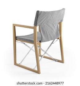 Outdoor Folding Chair With Teak Wooden Frame, Grey Textured Fabric And Metal Details, 3d Rendering, Backside View