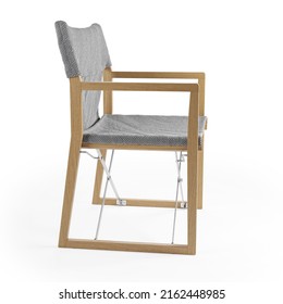 Outdoor Folding Chair With Teak Wooden Frame, Grey Textured Fabric And Metal Details, 3d Rendering, Side View