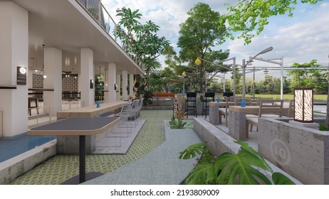 Outdoor Furniture Coffee Shop Architectural Design With Banner And Menu Mockup 3d Illustration