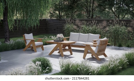 Outdoor furniture set on garden background. 3d rendering.