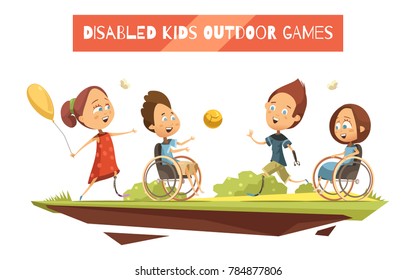 Outdoor games of disabled kids on wheelchair and with prosthetic limbs retro and cartoon style  illustration