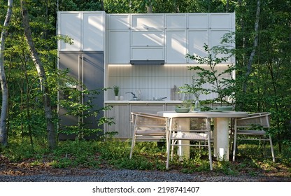 Outdoor Kitchen In The Forest (3d Rendering Creative  Concept)