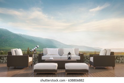 Outdoor Living With Mountain View 3d Rendering Image.Decorate With Rattan Furniture There Are Wooden Floor,stone Wall And Surrounding With Nature And Mountains