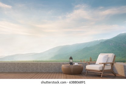 Outdoor Living With Mountain View 3d Rendering Image.Decorate With Wood Furniture There Are Wooden Floor,stone Wall And Surrounding With Nature And Mountains