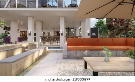 Outdoor Lounge Concrete Coffee Shop Architectural Design With Banner And Menu Mockup 3d Illustration