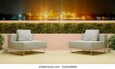 outdoor lounging balcony corridor park with sofa bench at night with river view , 3D illustration rendering