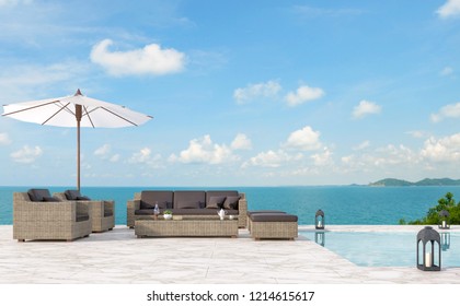 Outdoor Pool Terrace Living Area 3d Render,There Are White Marble Floor.Furnished With Rattan Furniture.There Have Bright Sunlight And Beautiful Sea View.