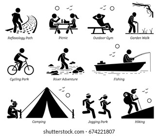 Outdoor Recreation Recreational Lifestyle and Activities. Pictogram depicts reflexology path, picnic, outdoor gym, garden walk, cycling park, river adventure, fishing, camping, jogging, and hiking.  - Powered by Shutterstock