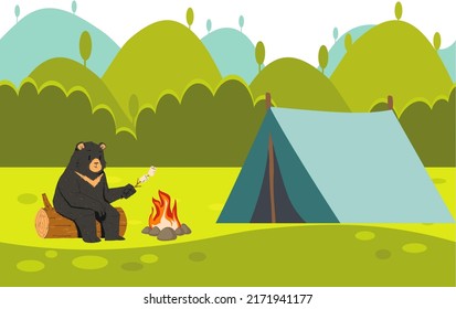Outdoor recreation with a tent in the woods. A bear roasting a marmalade at a picnic near a campfire. Book illustration. Tales, stories about animals.