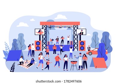 Outdoor rock concert and food festival. Crowd of people listening to music in park, enjoying camping, picnic and barbecue. illustration for open air party, leisure, event concept - Powered by Shutterstock