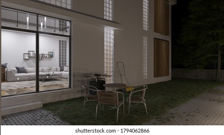 Outdoor Seating Set By The Living Room At Night 3D Rendering