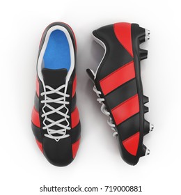 Outdoor Soccer Cleats Shoes On White. Top View. 3D Illustration