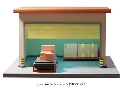 Outdoor Storage Units. Boxes Inside Small Building. Open Storage Units With Conveyor. Miniature Hangar For Storing Boxes. Storage Units Isolated On White. Warehouse Space. 3d Rendering.