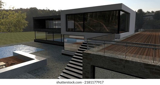 Outdoor Terrace Of A Modern High-tech House. Metal Glass Fence. Downstairs Is A Swimming Pool With Lounge Area And Boardwalk. 3d Render.