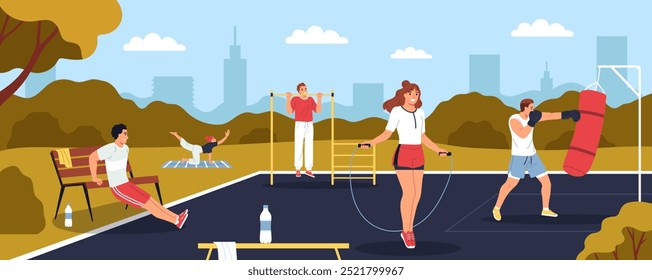 Outdoor training hand drawn cartoon composition. People working out in the park - Powered by Shutterstock