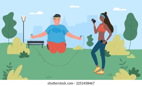 Outdoor workout boy with personal trainer. Fitness weight loss exercising in park, healthy active life flat illustration - Powered by Shutterstock