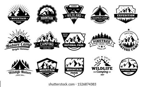 Outdoors nature badges. Adventure emblem, vintage wilderness label and outdooring camping badge. Mountain tourism logo, forest adventure patche.  illustration isolated icons set