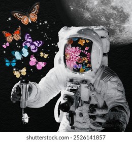 Outer space collage element, astronaut mixed media illustration. Collage art with flowers, remixed media with flowers. Astronaut in space, flowers in face, butterflies too.