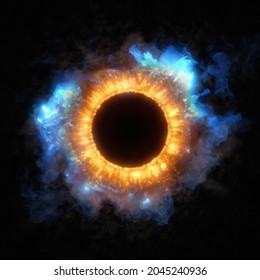 Outer Space Nebula Ring Effect. Iris, Eye Of The Universe. Abstract Circle Explosion Of Hot Orange And Electric Blue Gases. 3D Rendering