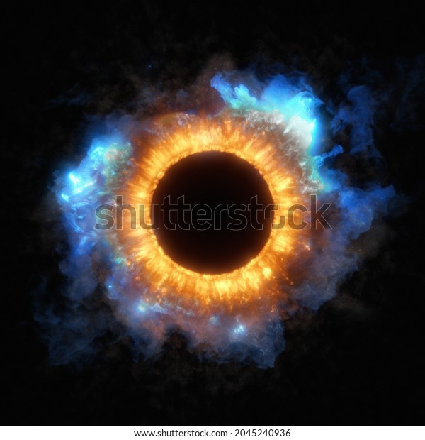 Outer space nebula ring effect. Iris, eye of\
the universe. abstract circle explosion of hot orange and electric\
blue gases. 3D\
rendering