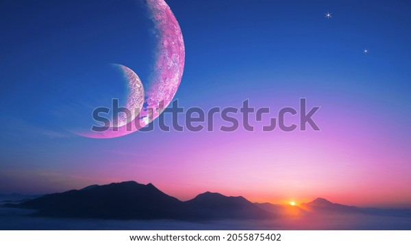 outer world beautiful scenery, wonderful alien landscape digital background for desktop. colorful sky with exoplanets in the mountain during sunset. 3d illustration. Ethereal landscape painting. 