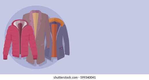 Outerwear web banner. Winter collection. Stylish fashionable man coat garment from popular designers. Best world brands trends. New collection of outwear models. For store, boutique ad. 
