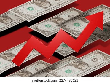 Outflow of capital. Money with arrow up. Cash bills. Outflow of money due to crisis. Loss of savings after bankrupt. USA Dollars. Outflow of capital due to sanctions. Loss of money. 3d image - Shutterstock ID 2274485621