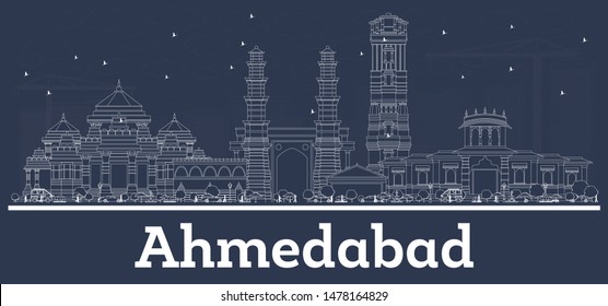 Outline Ahmedabad India City Skyline With White Buildings. Business Travel And Tourism Concept With Modern Architecture. Ahmedabad Cityscape With Landmarks. 