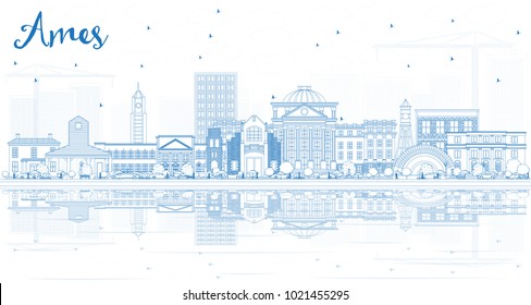 Outline Ames Iowa Skyline with Blue Buildings and Reflections. Business Travel and Tourism Illustration with Historic Architecture.